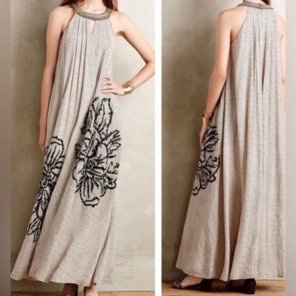 Elegant Beige Floral Maxi Dress